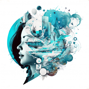 Wortgut - Blaue Frau mit Orten und Objekten im Kopf